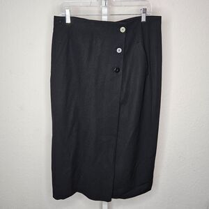 Vintage Evan-Picone Button Wrap Black Wool Midi Skirt Made in USA Size 16